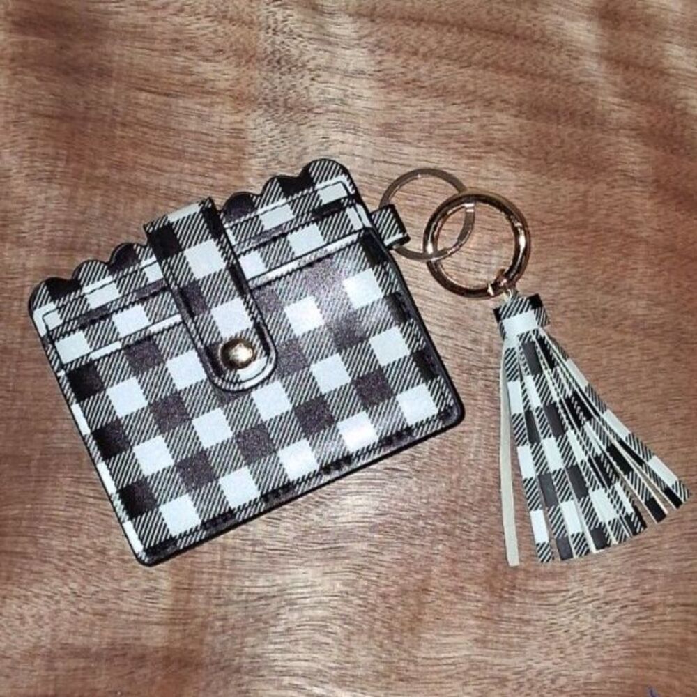Gingham Print Card Holder with Key Chain Clip W/Tassel